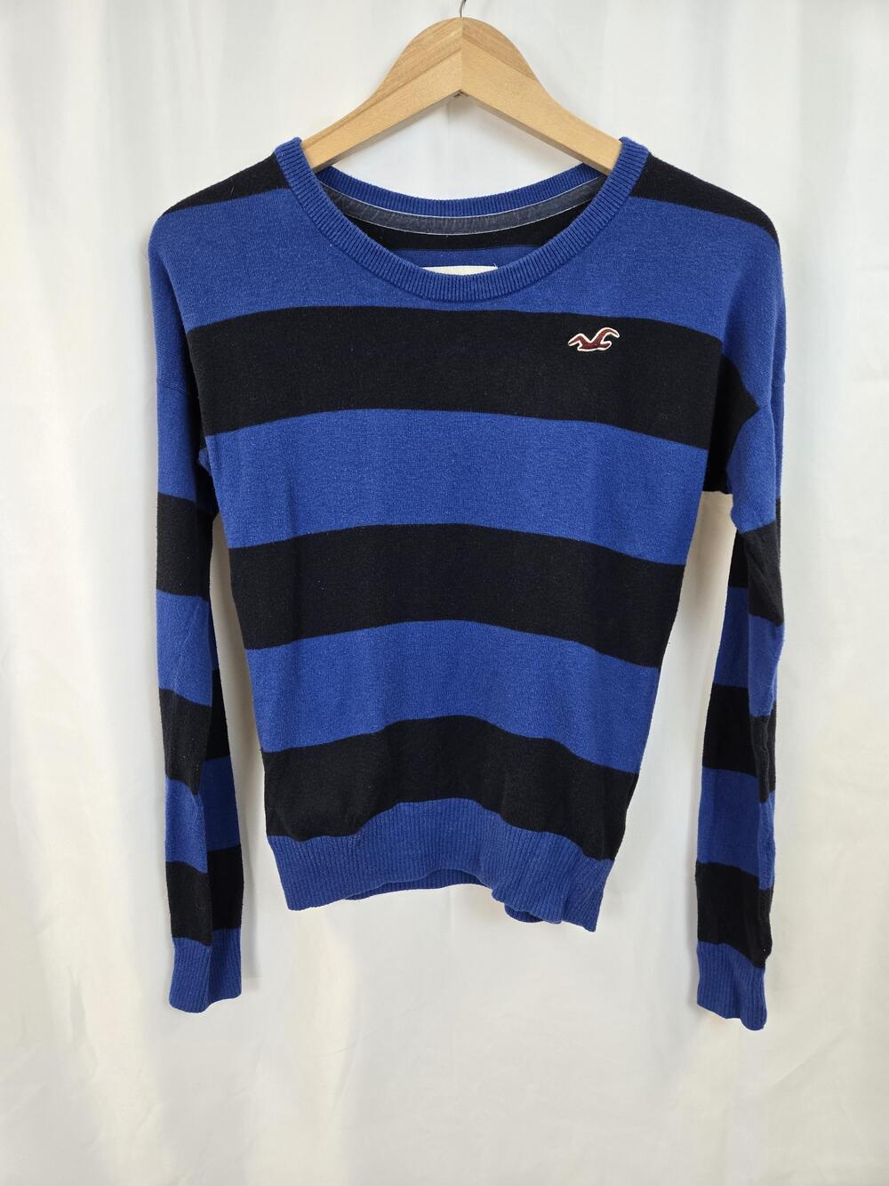Hollister Sweater Womens Medium Blue Black Striped Crewneck Knit Pullover